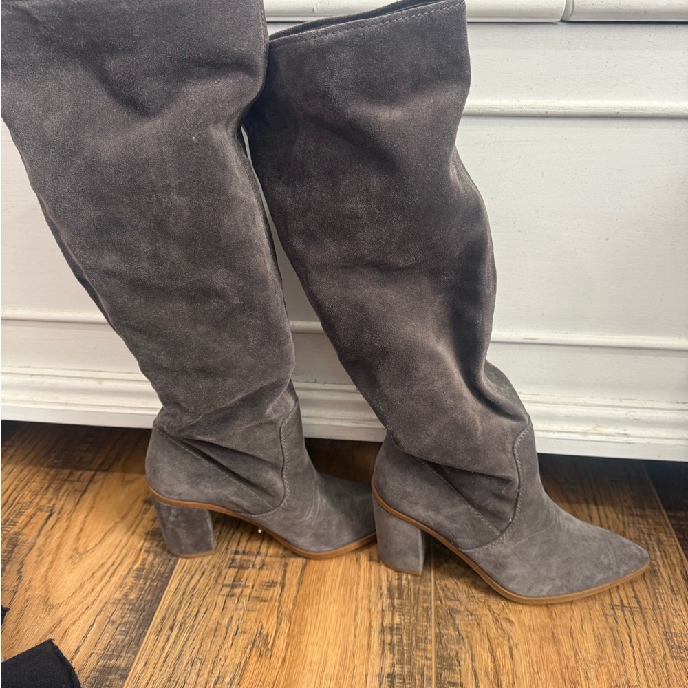 1. State Gray Over the Knee Suede Boots
